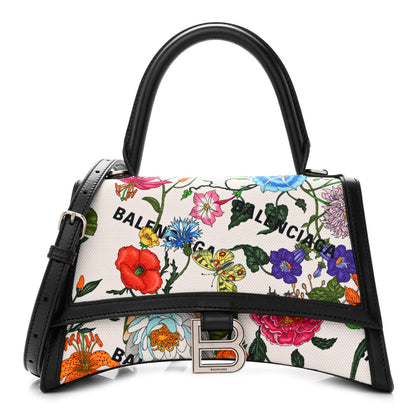 Balenciaga X GUCCI Canvas Boarded Plutone Calfskin Flora Logo Print Small Hourglass Top Handle Bag White Multicolor Black 1 of 10
