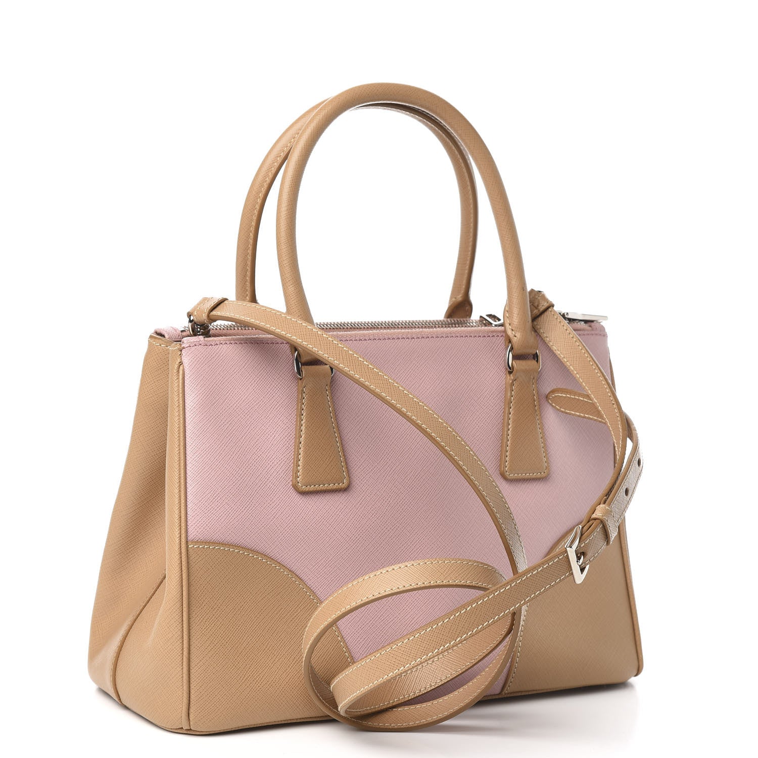 Prada Saffiano Small Bi-Color Galleria Double Zip Tote Pesco Naturale 4 of 11