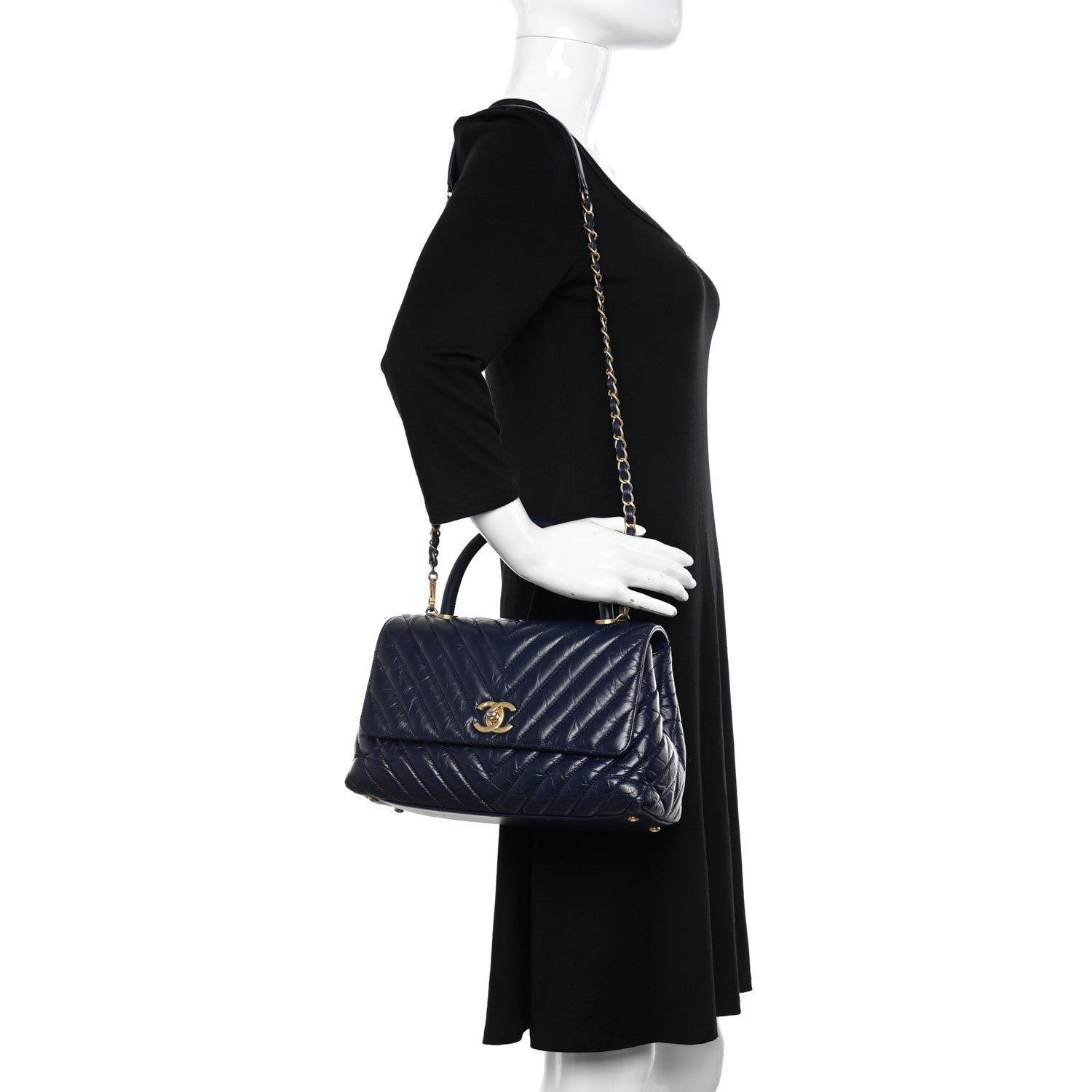 Chanel Aged Calfskin Chevron Quilted Small Coco Handle Flap Navy 2 of 16