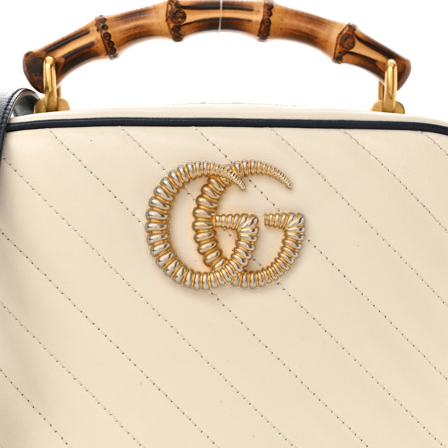 Vintage Effect Calfskin Matelasse Diagonal Small Torchon GG Marmont Bamboo Top Handle Shoulder Bag Mystic White Blue Agata