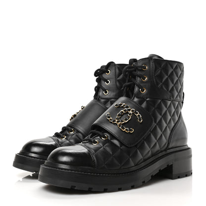 Chanel Shiny Calfskin Quilted Lace Up Combat Boots 39 Black 3 of 6