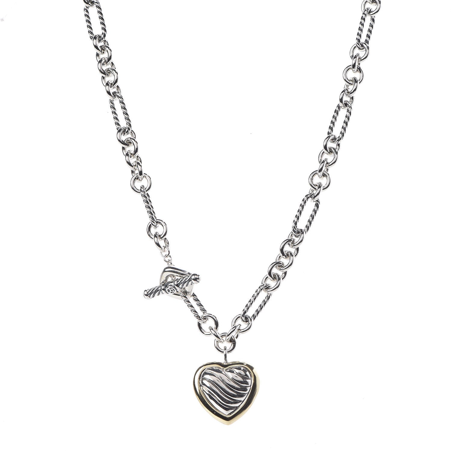 David Yurman Sterling Silver 18K Yellow Gold Cable Heart Figaro Necklace 1 of 7