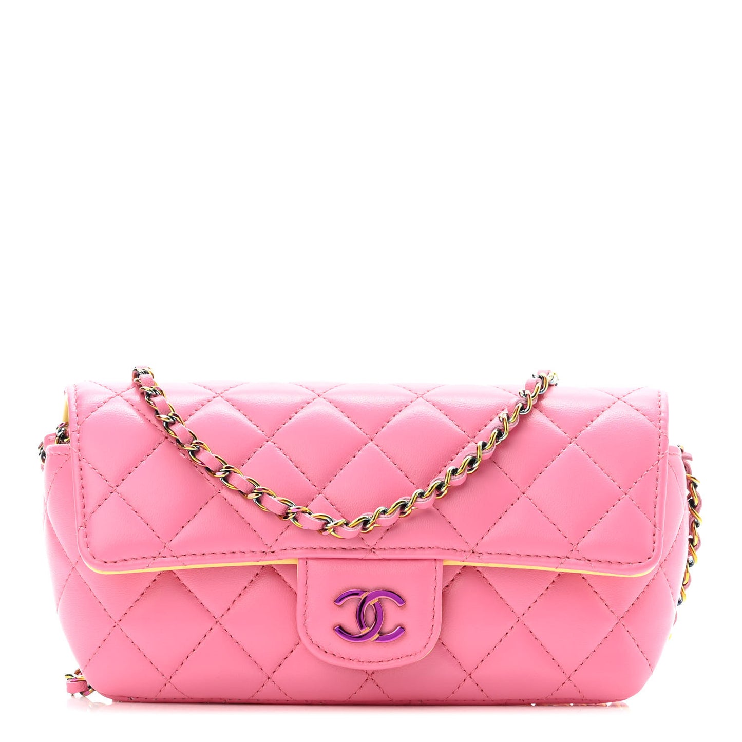 Lambskin Quilted Glasses Case With Chain Pink Yellow