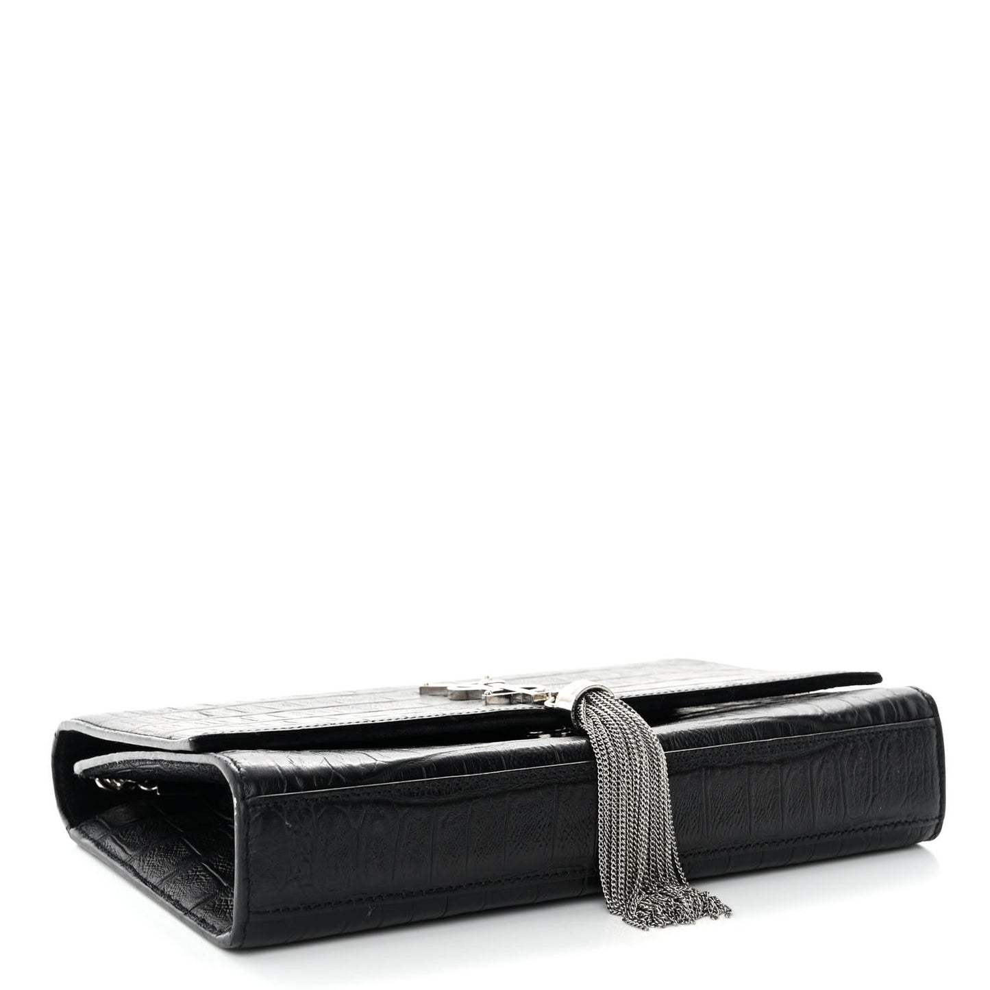 Calfskin Crocodile Embossed Medium Classic Monogram Kate Tassel Satchel Black