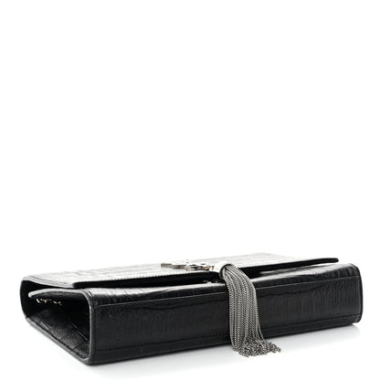 Saint Laurent Calfskin Crocodile Embossed Medium Classic Monogram Kate Tassel Satchel Black 4 of 11
