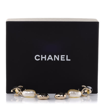 Chanel Pearl CC Double Heart Drop Earrings Gold 5 of 5