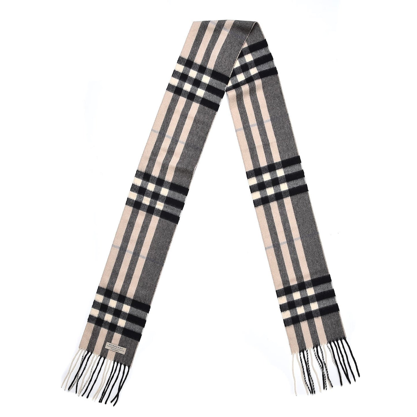 Cashmere House Check Fringe Skinny Scarf Beige
