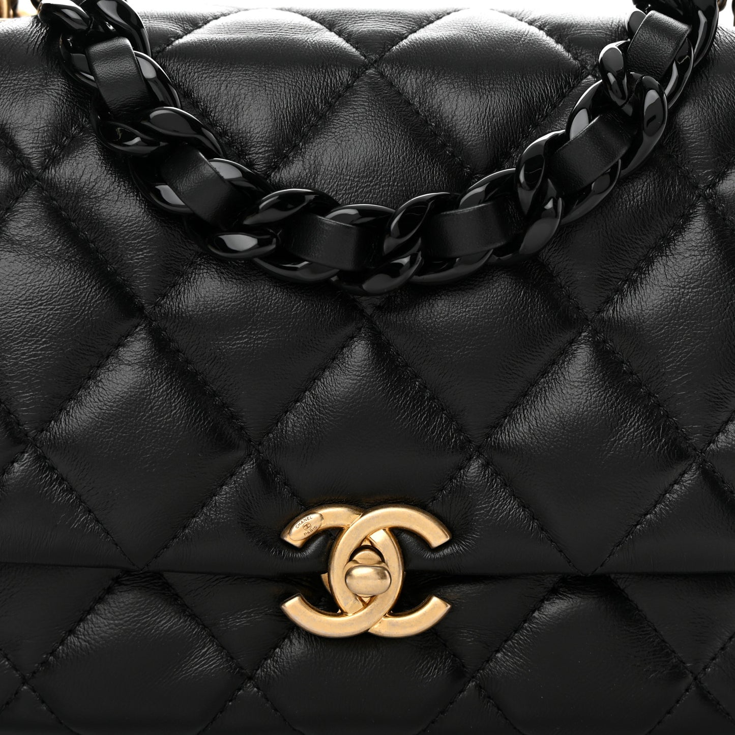 Lambskin Quilted Small Lacquered Chain Flap Black