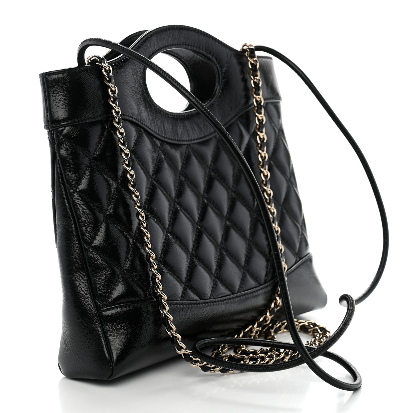 Shiny Crumpled Calfskin Quilted Mini 31 Shopping Bag Black