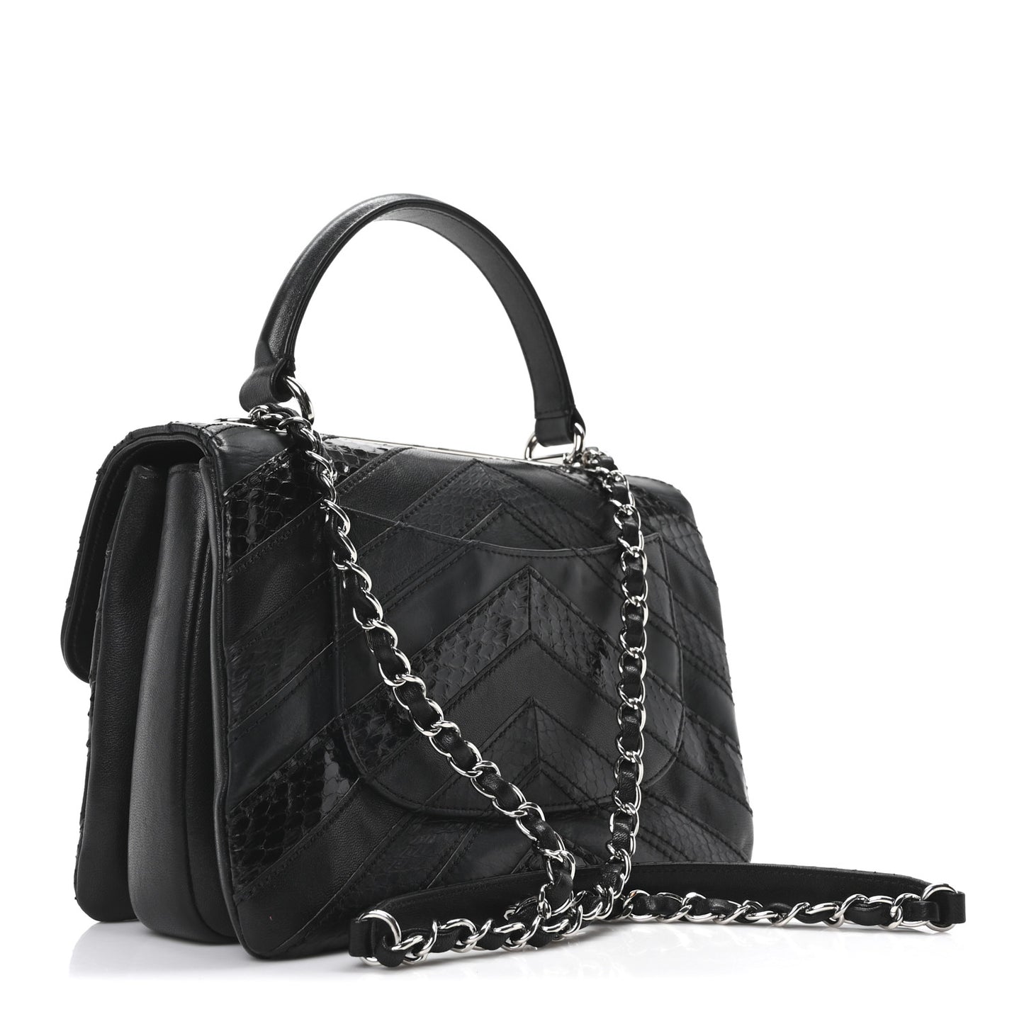 Calfskin Sheepskin Watersnake Chevron Quilted CC Small Trendy CC Dual Handle Flap Bag Black
