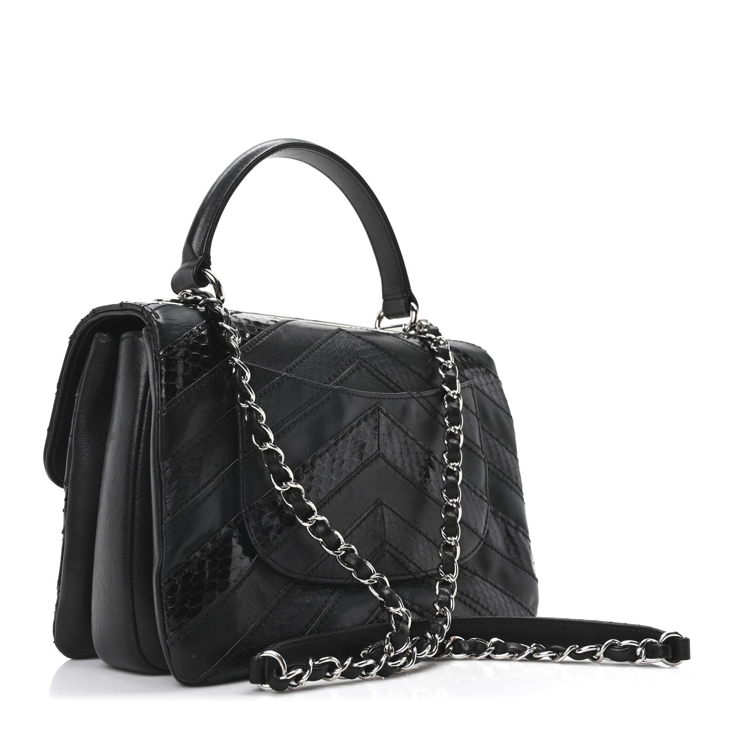 Chanel Calfskin Sheepskin Watersnake Chevron Quilted CC Small Trendy CC Dual Handle Flap Bag Black 3 of 10