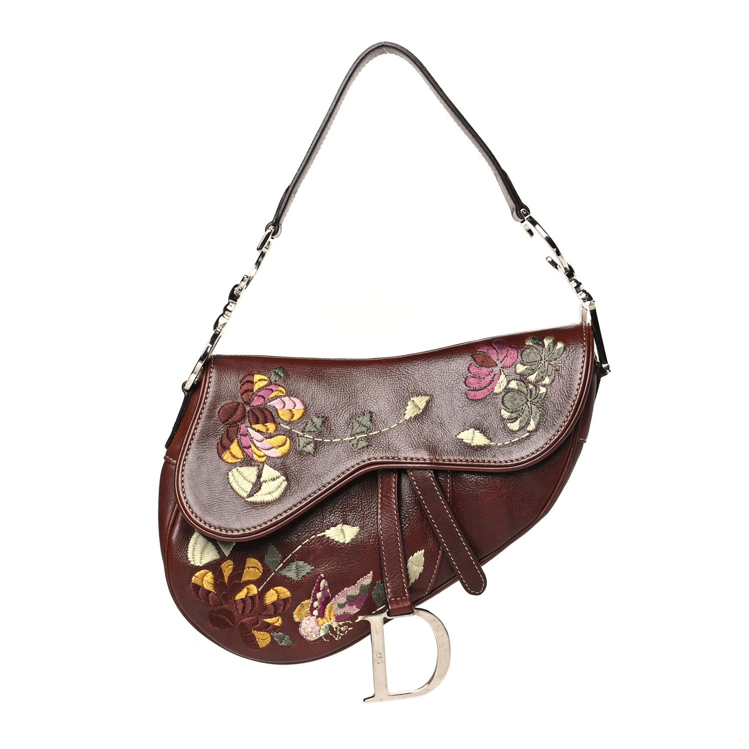 Christian Dior Calfskin Embroidered Romantic Flowers Saddle Bag Brown 1 of 11