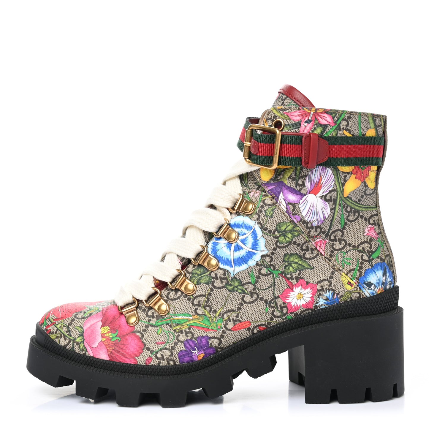 GG Supreme Monogram Flora Lace Up Combat Ankle Boots 37.5 Beige Multicolor Red