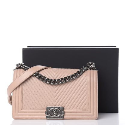 Chanel Calfskin Chevron Quilted Medium Boy Flap Light Beige 10 of 10