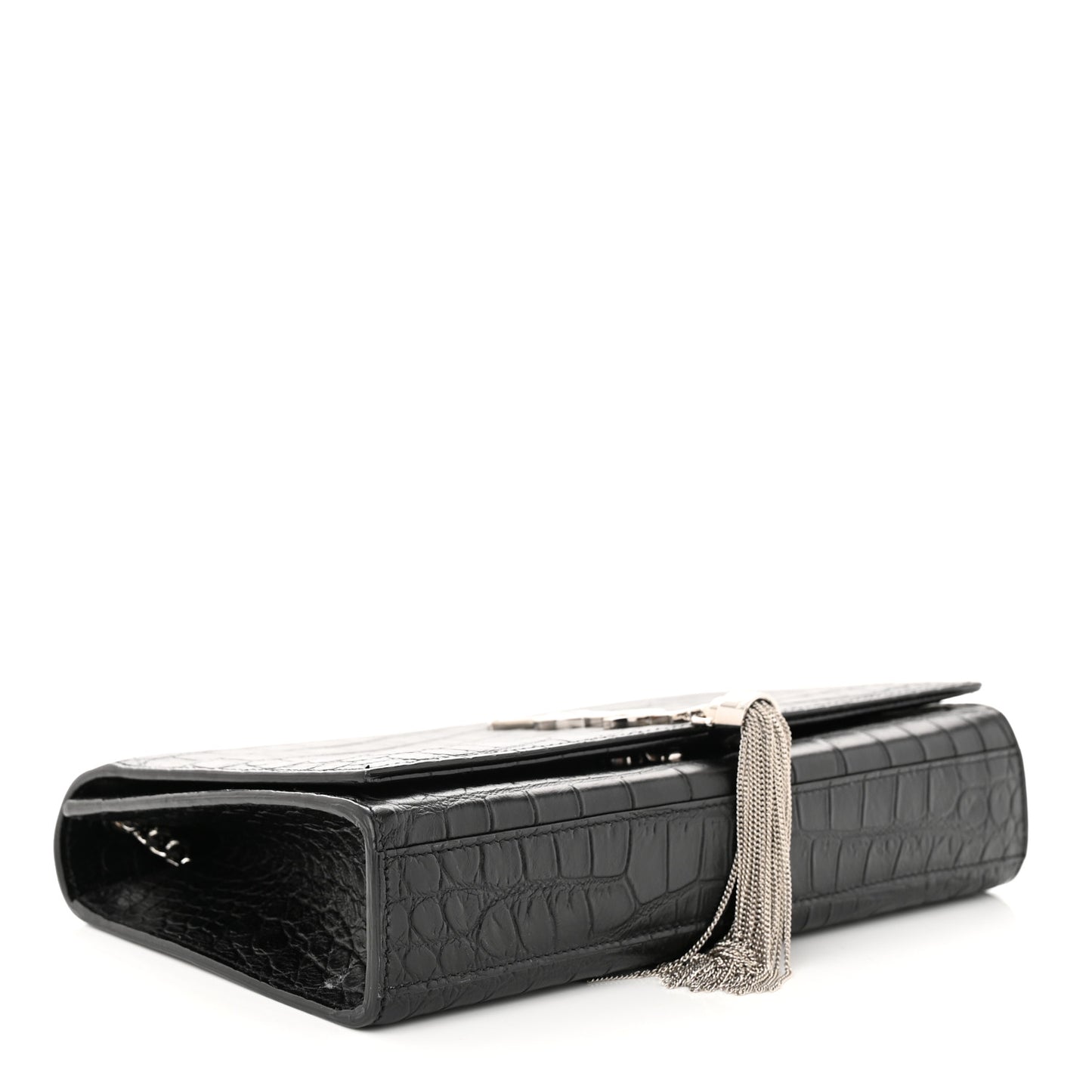 Calfskin Crocodile Embossed Medium Classic Monogram Kate Tassel Satchel Black