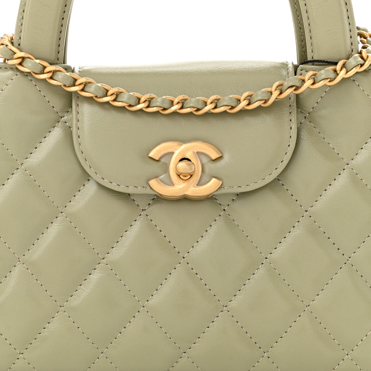 Shiny Aged Calfskin Quilted Nano Kelly Shopper Khaki