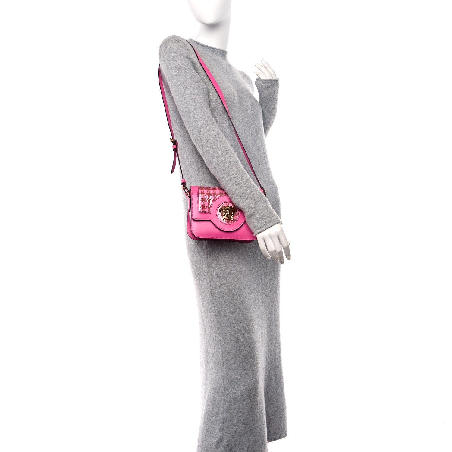 Versace Calfskin Vinyl Small Houndstooth La Medusa Crossbody Bag Pink Multicolor 2 of 10