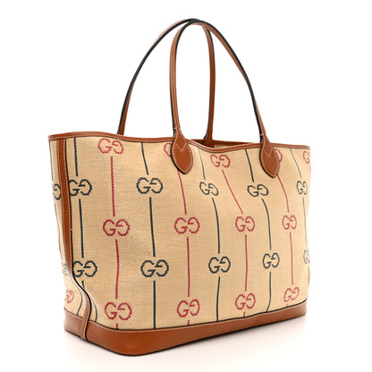 Gucci Straw Jacquard Dollar Calfskin GG Monogram Large Shopping Tote Natural Multicolor 4 of 13