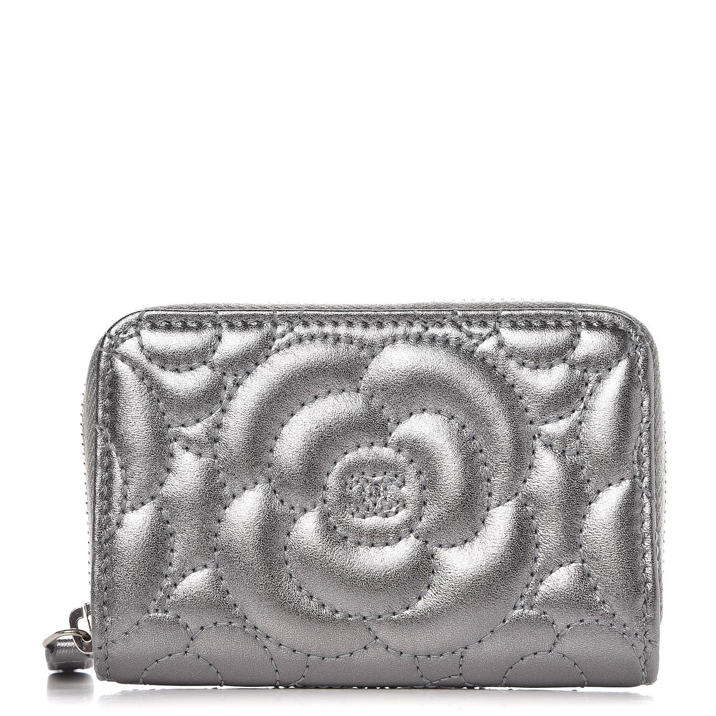 Metallic Lambskin Camellia Embossed Zip Coin Purse Grey