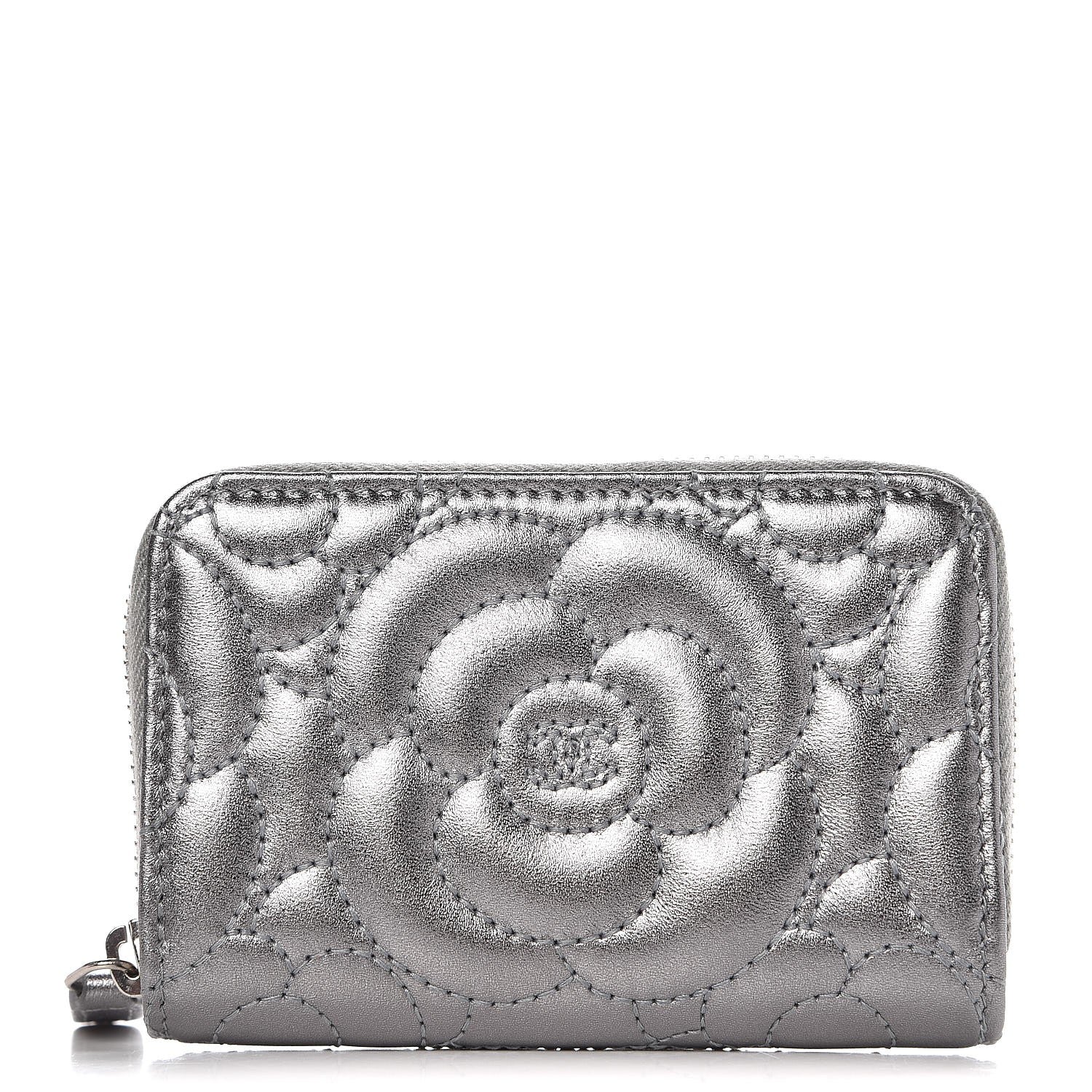 Chanel Metallic Lambskin Camellia Embossed Zip Coin Purse Grey 1 of 10