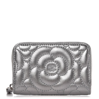 Chanel Metallic Lambskin Camellia Embossed Zip Coin Purse Grey 1 of 10