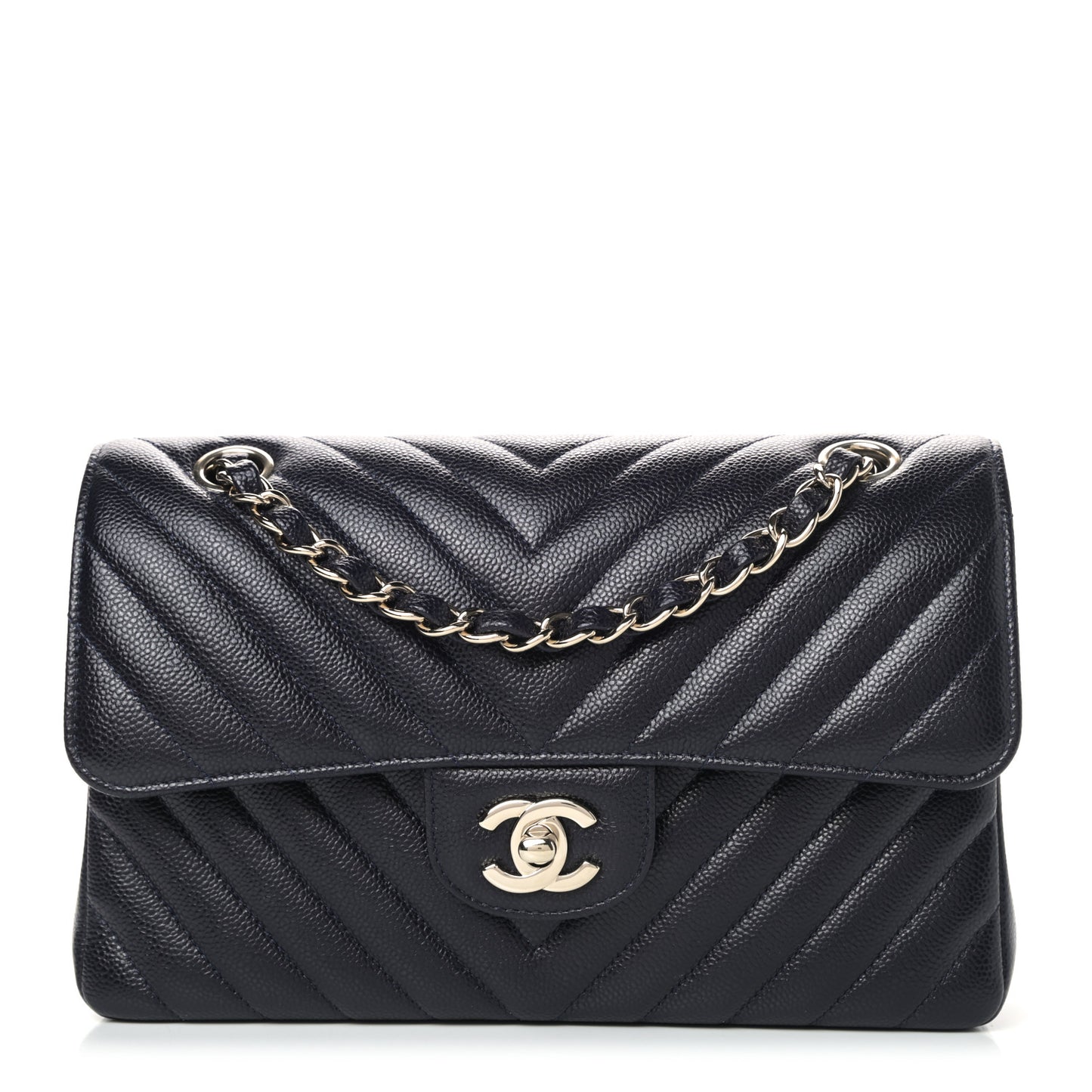 Caviar Chevron Quilted Small Double Flap Navy Blue