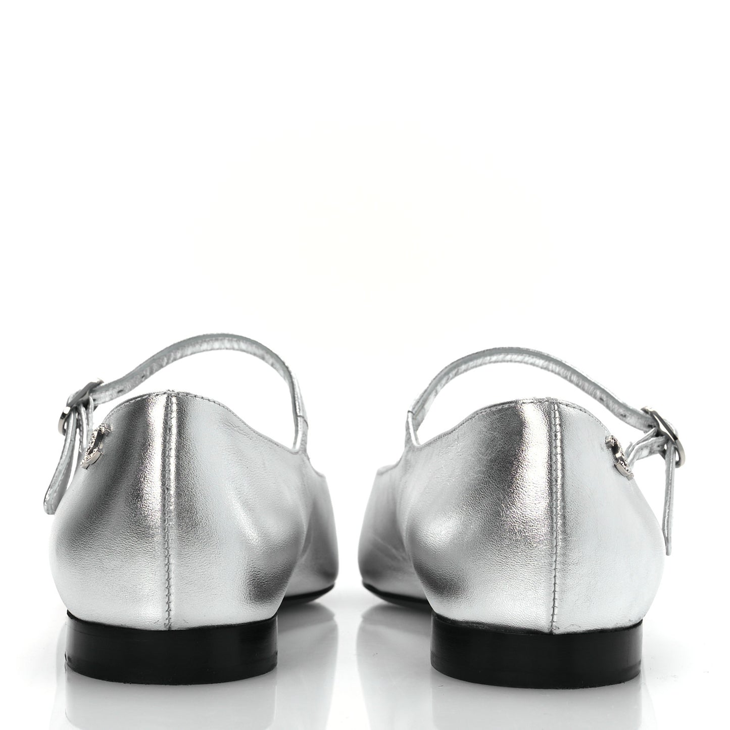 Laminated Calfskin Grosgrain Mary Janes Flats 36.5 Silver Black