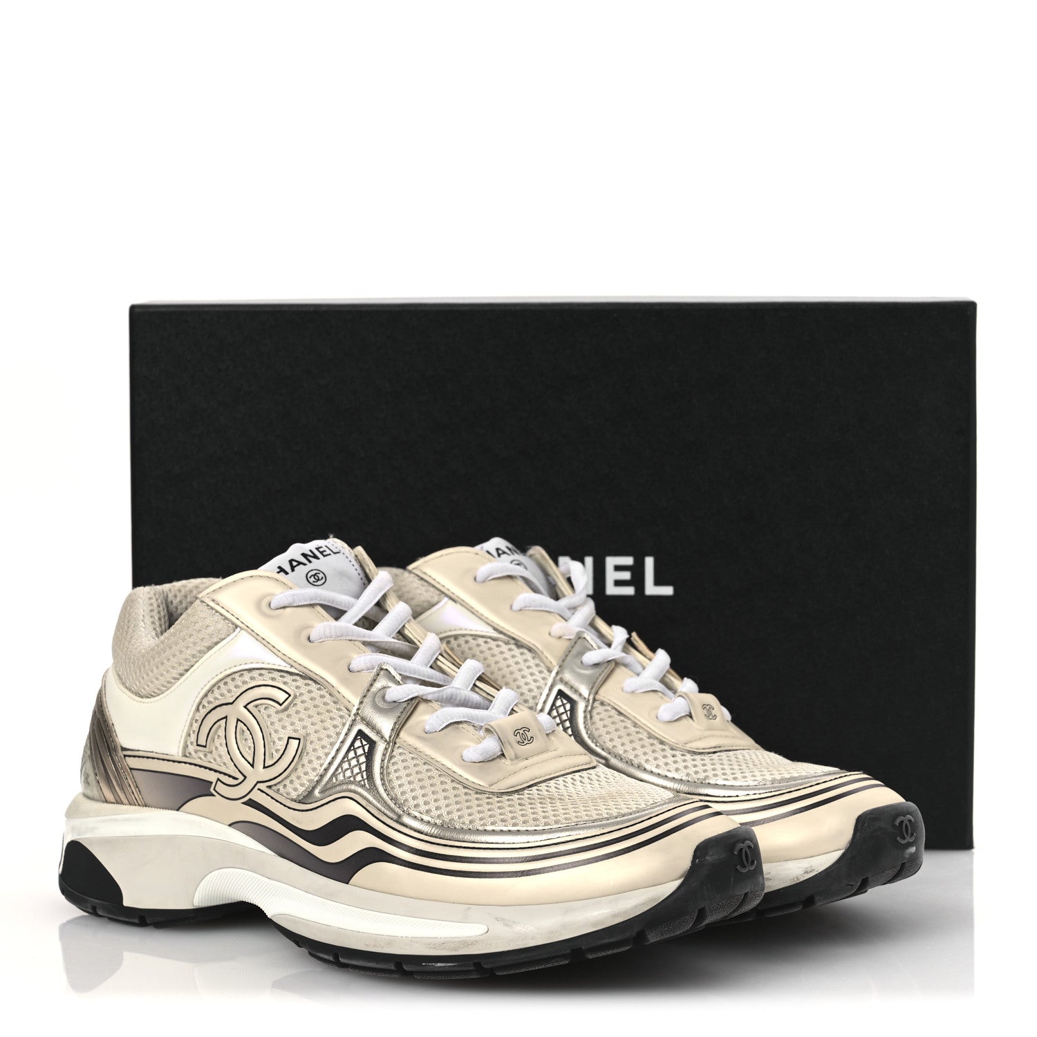Chanel Fabric Laminated Calfskin Stretch CC Sneakers 39.5 Ivory White Silver 15 of 15
