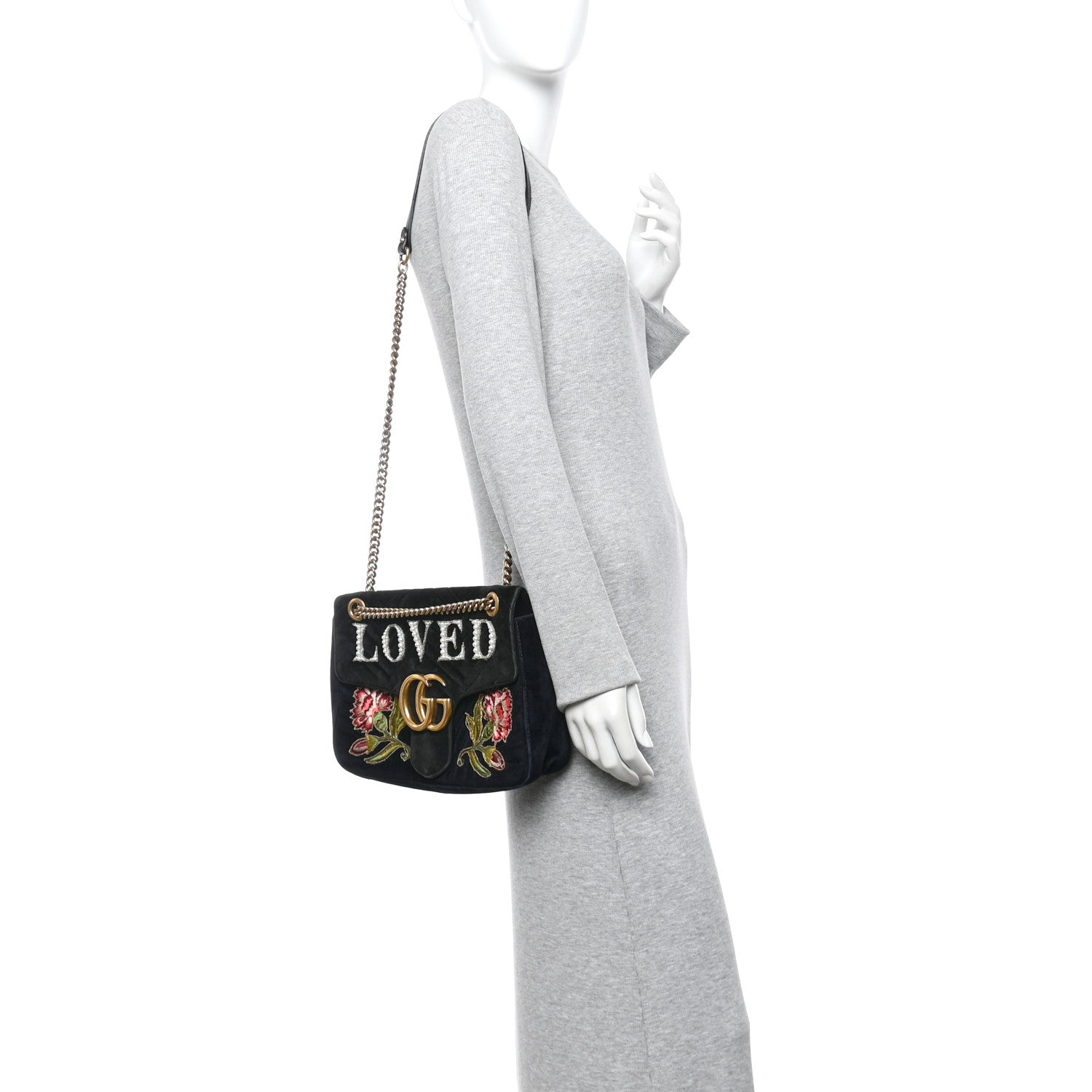 Gucci Velvet Matelasse Loved Embroidered Medium GG Marmont Shoulder Bag Black 2 of 15