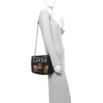 Gucci Velvet Matelasse Loved Embroidered Medium GG Marmont Shoulder Bag Black 2 of 15