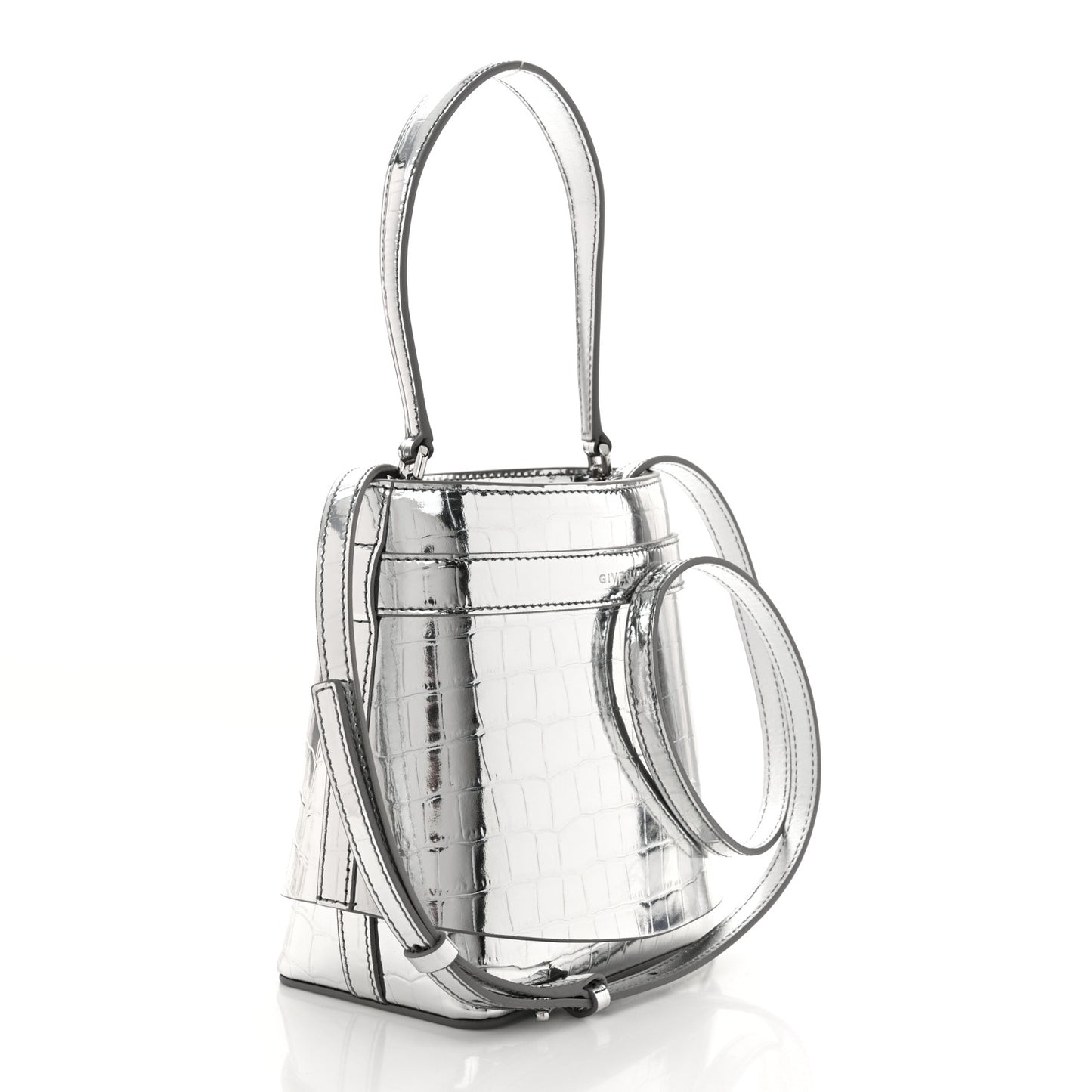 Metallic Calfskin Crocodile Embossed Shark Lock Bucket Bag Light Silvery