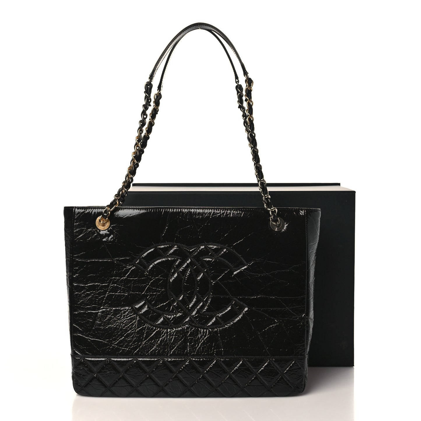 Shiny Aged Calfskin Quilted Large Shopping Bag Black