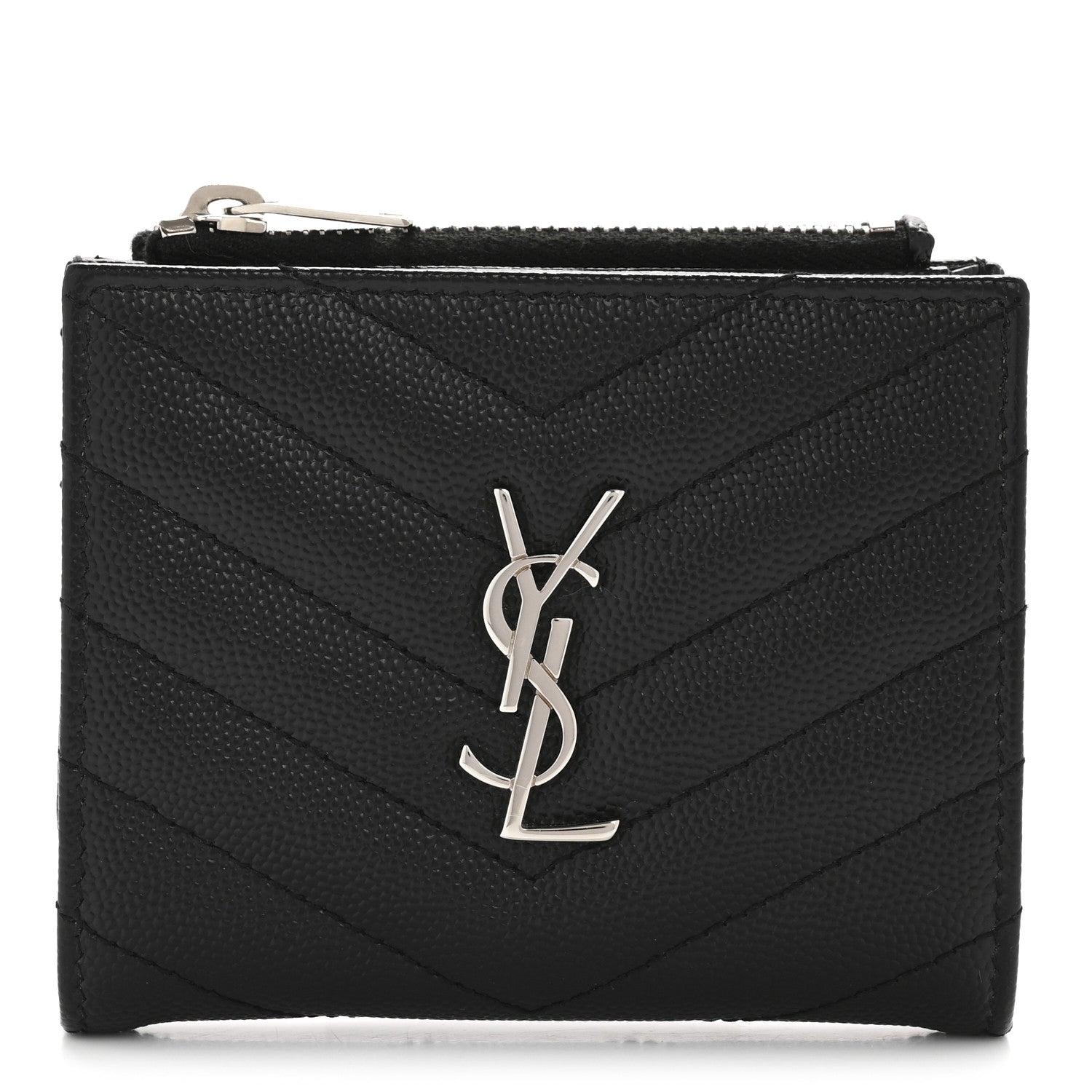 Saint Laurent Grain De Poudre Matelasse Chevron Monogram Zipped Card Case Black 1 of 10