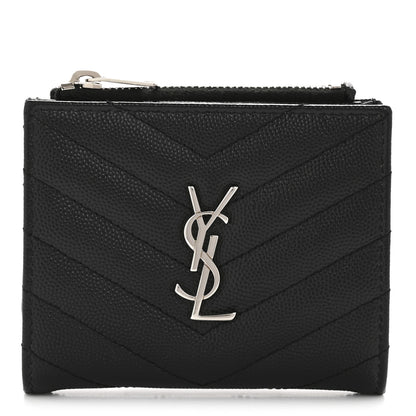 Saint Laurent Grain De Poudre Matelasse Chevron Monogram Zipped Card Case Black 1 of 10