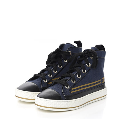 Chanel Fabric Lambskin Lace Up Cap Toe Sneakers 36 Navy Black 3 of 9