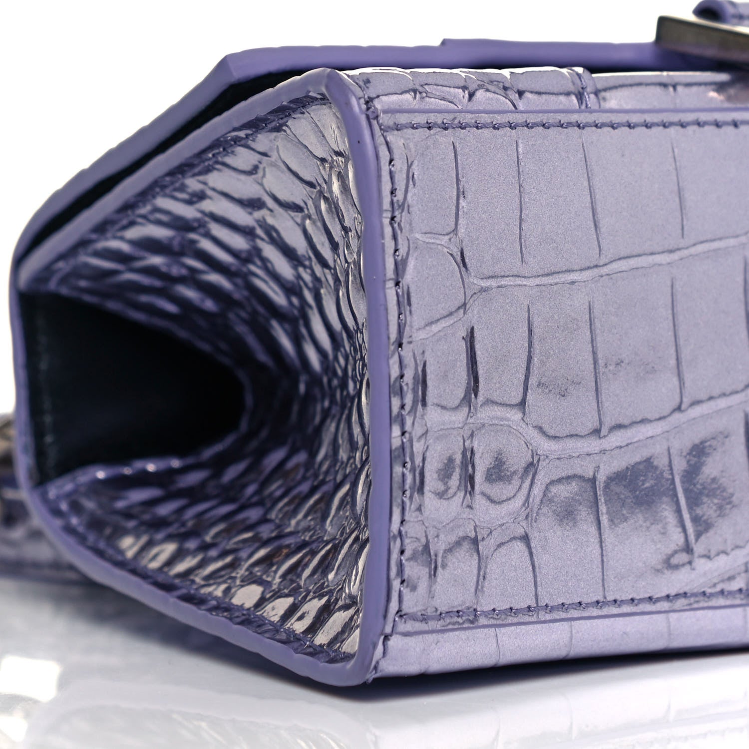 Balenciaga Metallic Calfskin Crocodile Embossed Hourglass Top Handle Bag XS Lilac 7 of 8