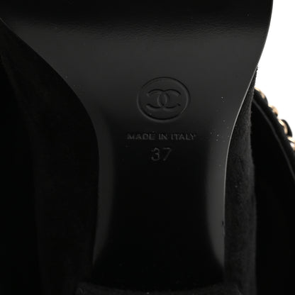Chanel Suede Calfskin Lambskin Cap Toe Chain Fold Over High Boots 37 Black 7 of 8