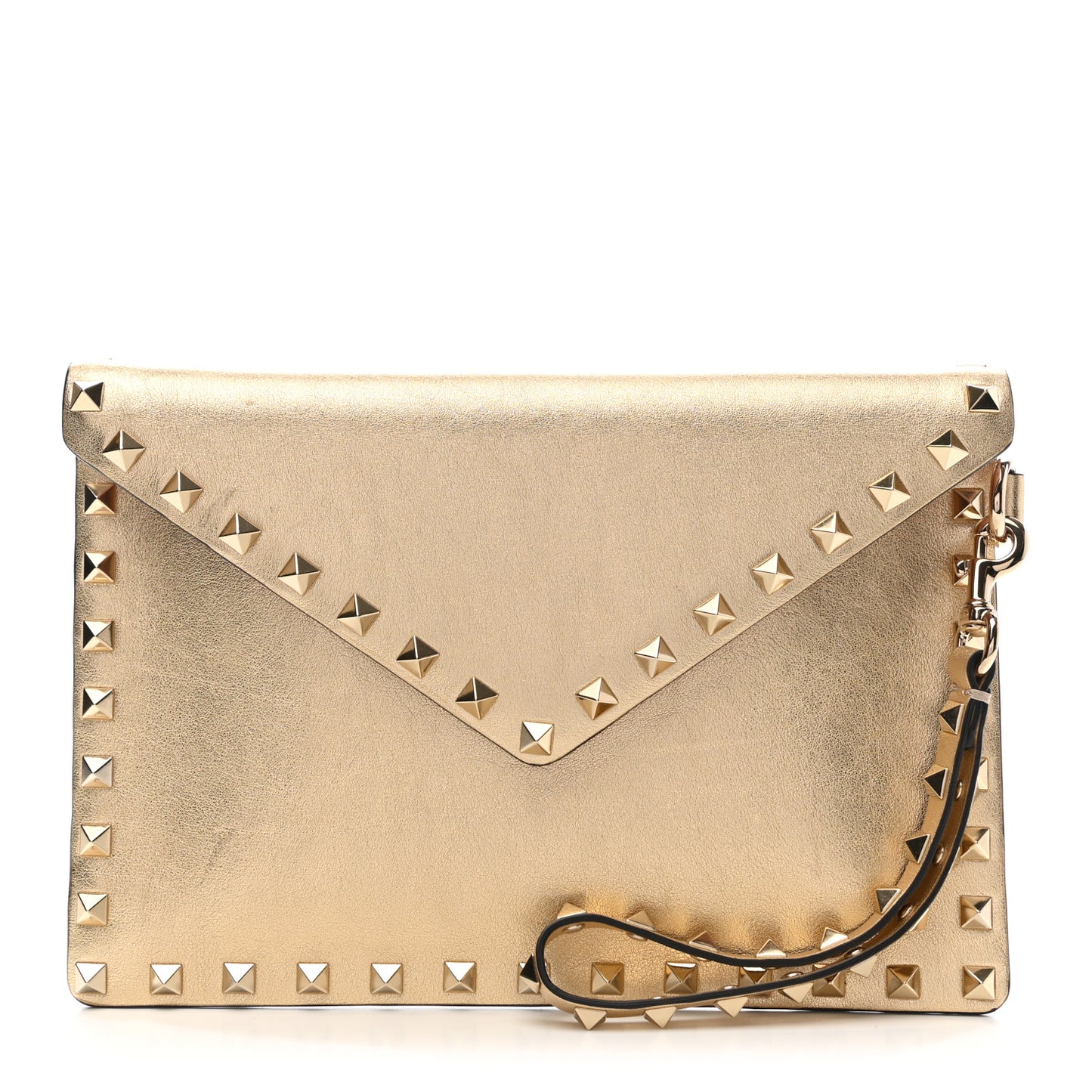 Metallic Calfskin Medium Rockstud Envelope Flat Wristlet Pouch Gold