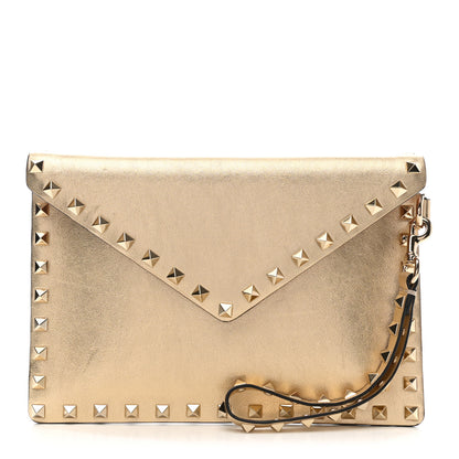 Valentino Garavani Metallic Calfskin Medium Rockstud Envelope Flat Wristlet Pouch Gold 1 of 11