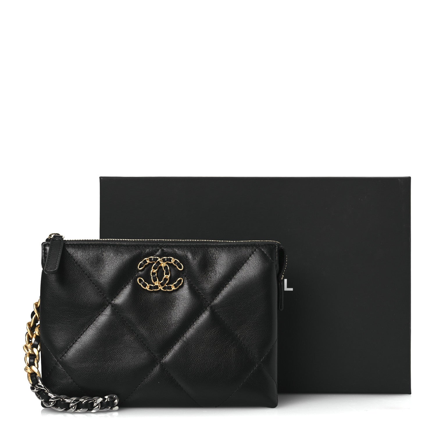 Chanel Shiny Goatskin Quilted Small Chanel 19 Pouch With Handle Black 12 of 12