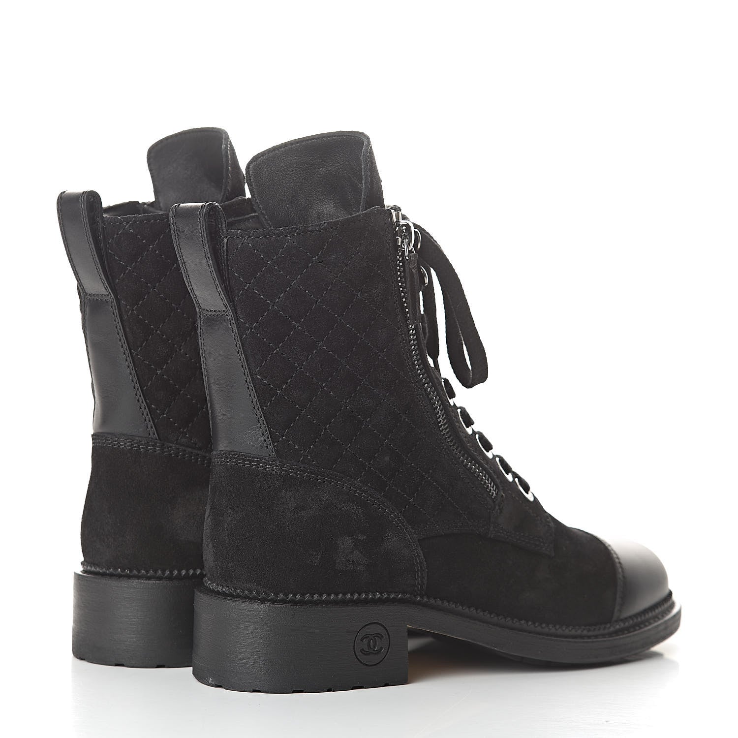 Chanel Suede Quilted CC Lace Up Combat Boots 37.5 Black 4 of 8
