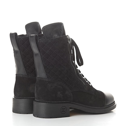Chanel Suede Quilted CC Lace Up Combat Boots 37.5 Black 4 of 8