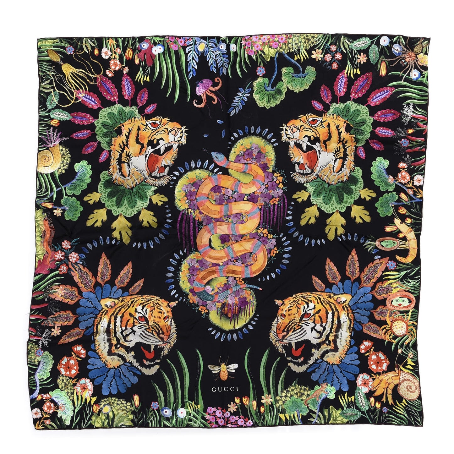Silk Tiger Kingsnake Print Square Scarf Multicolor