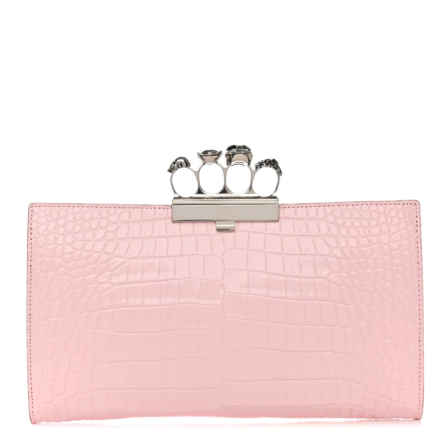 Calfskin Crocodile Embossed Knuckle Flat Clutch Light Pink