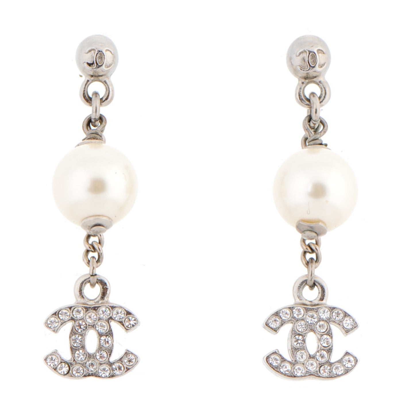 Crystal Pearl CC Drop Earrings Silver