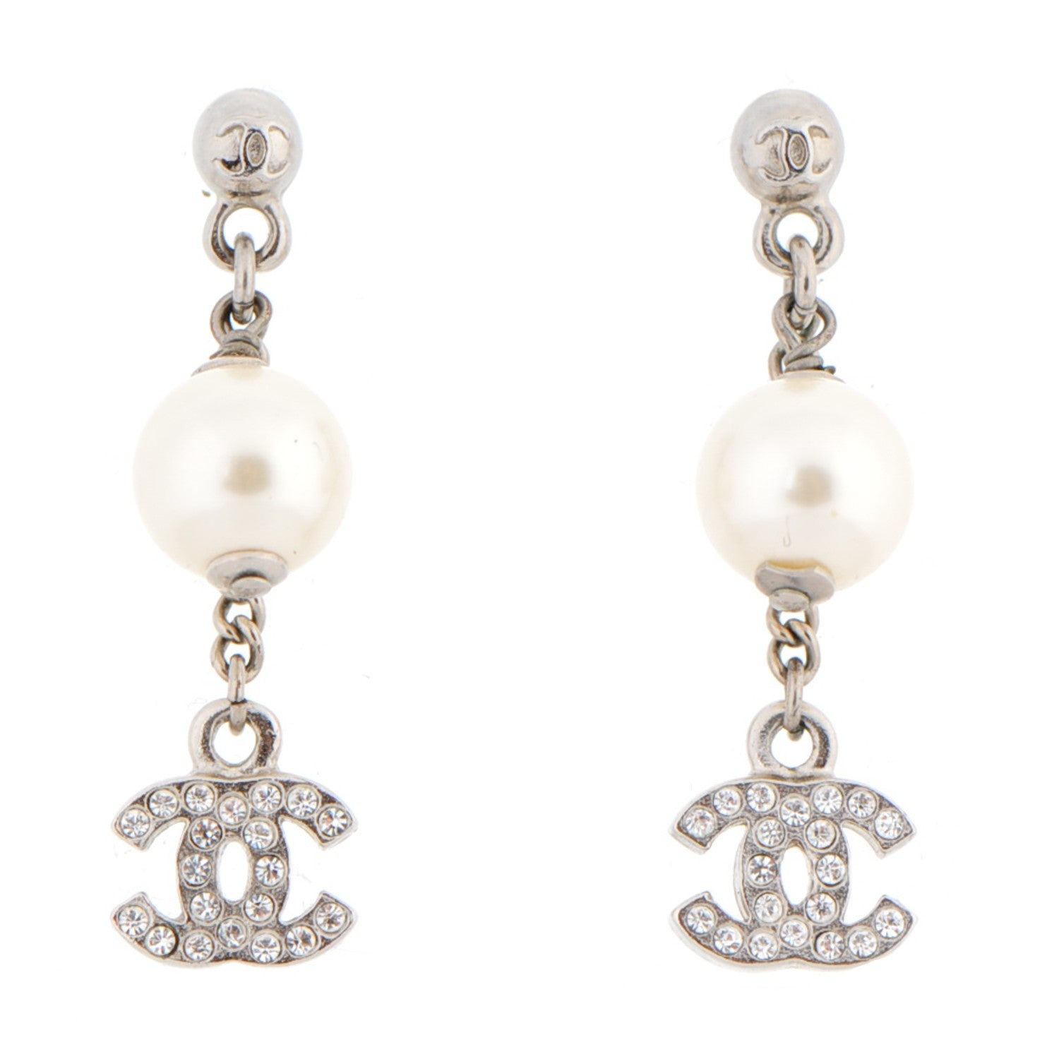 Chanel Crystal Pearl CC Drop Earrings Silver 1 of 4