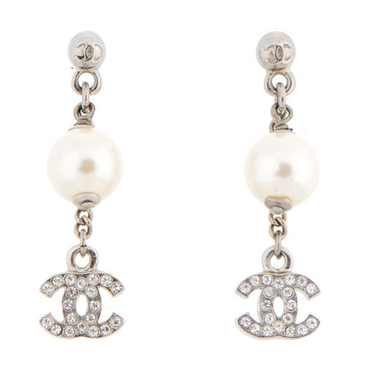 Chanel Crystal Pearl CC Drop Earrings Silver 1 of 4