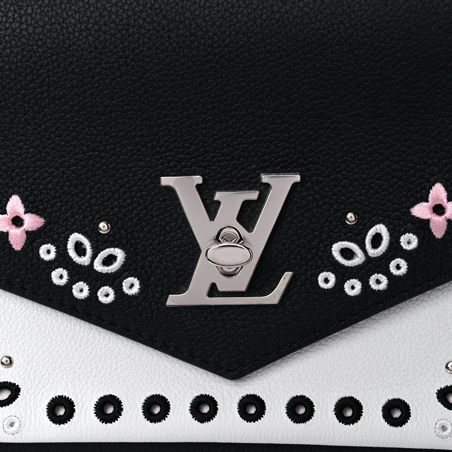 Soft Calfskin Embroidered My Lockme Chain Bag BB Black Snow White