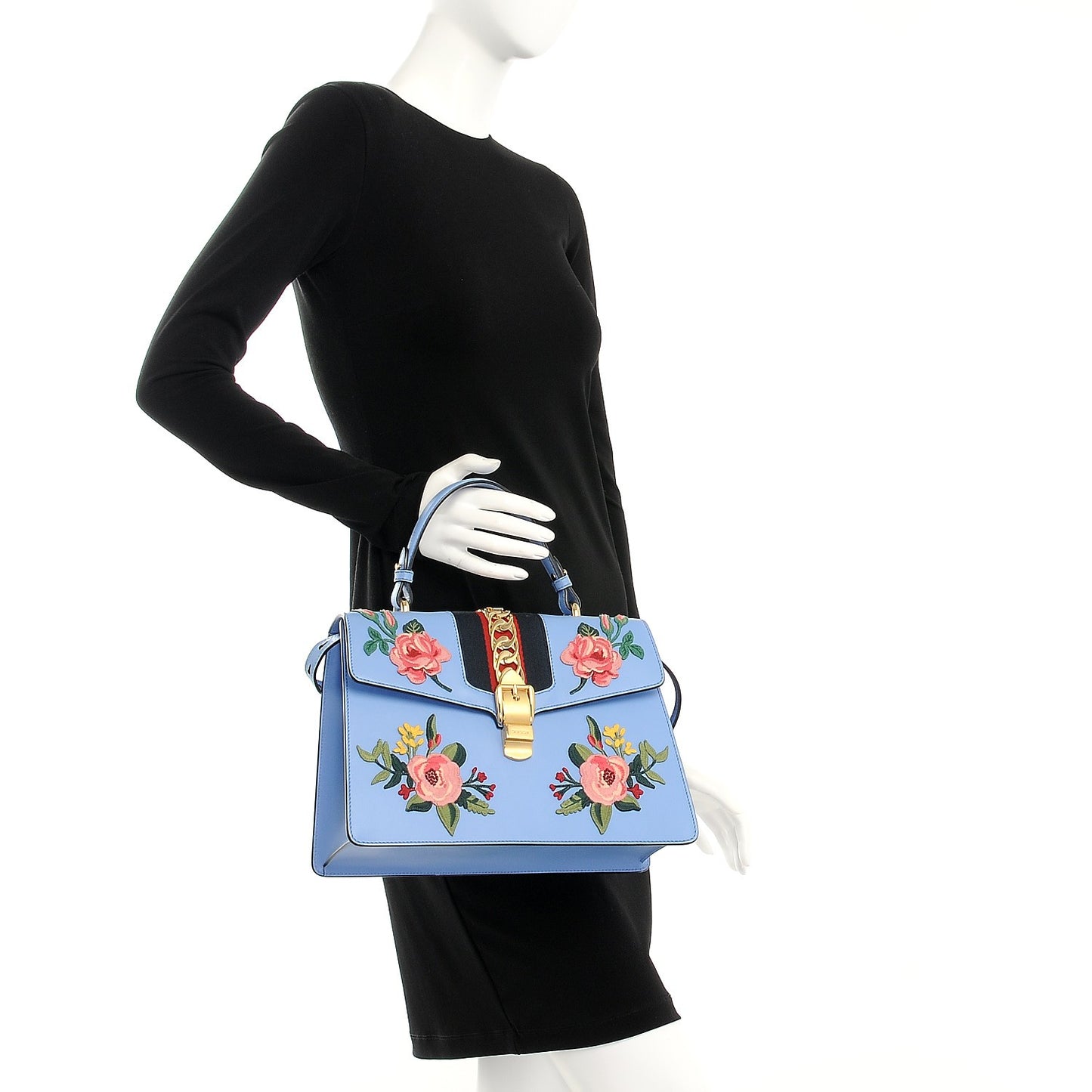 Calfskin Embroidered Medium Sylvie Top Handle Bag Clear Sky Blue