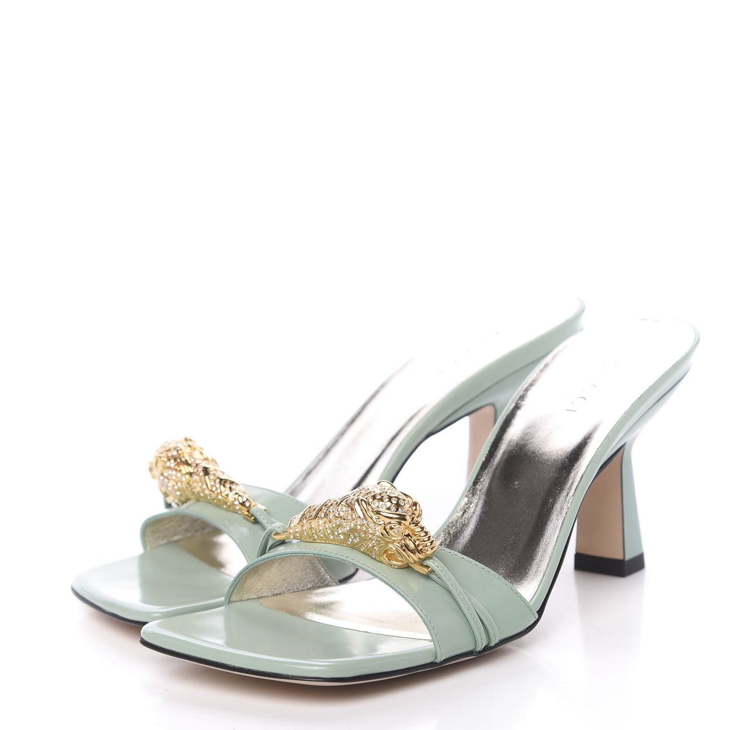 Nappa Dora Tiger Head Mid Heel Slide Sandals 37 Aqua Green